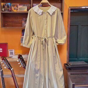 Sage Green Lace Peter Pan Collar Tie Waist Midi Dress Cottagecore 🌿